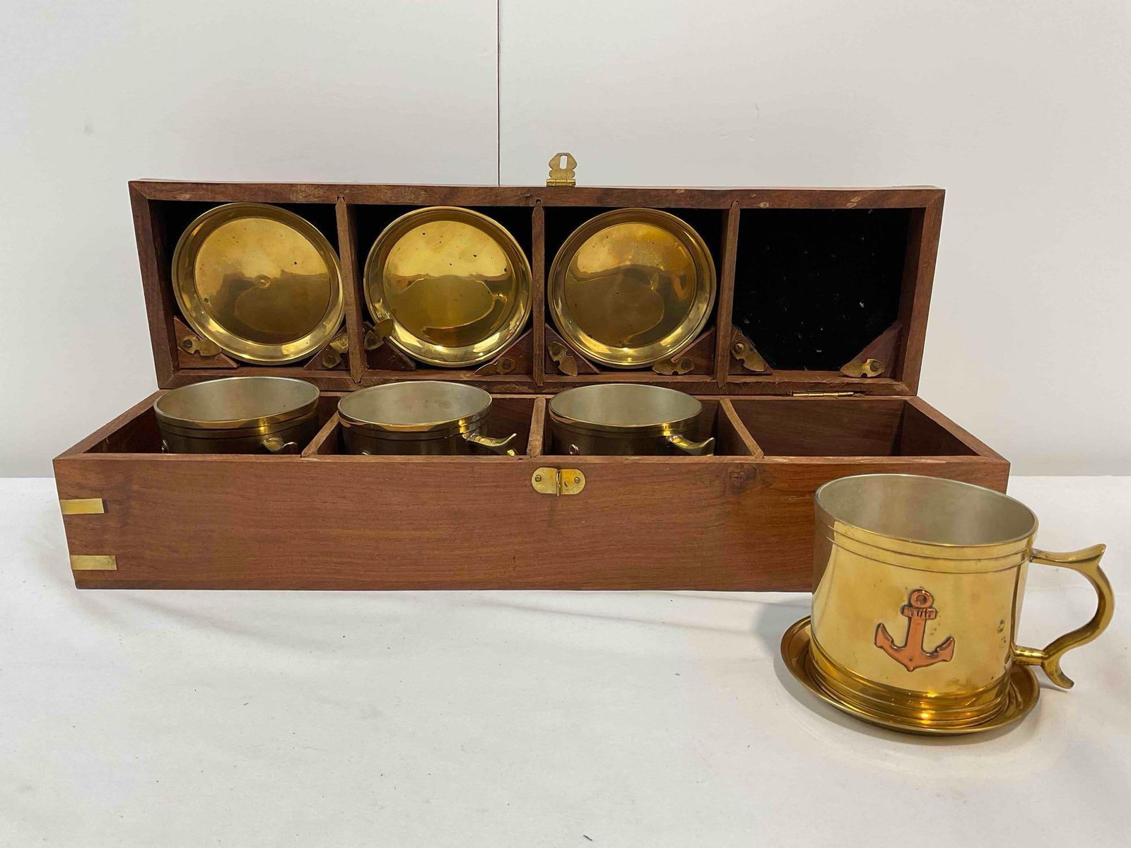 Vintage Nautical Brass Mug & Saucer Set in Handsome Box. Very Good Condition. See pics.: Vintage Nautical Brass Mug & Saucer Set in Handsome Box. Prongs do not hold saucers very well, otherwise Very Good Condition. Measures 15" x 4" x 4" DM-4230