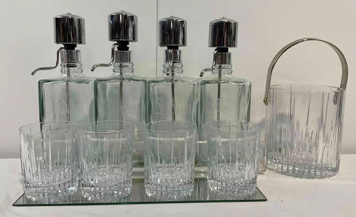 11 pc Glassware Drinks Assortment. 4 Decanters, 4 Glasses, 1 Ice Bucket & More! See pics.: 11 pc Glassware Drinks Assortment. 4 Decanters, 4 Glasses, 1 Ice Bucket &amp; More! Includes mirror and acrylic stand. Have minor wear indicative of use, mirror is scratched, condition is otherwise ve