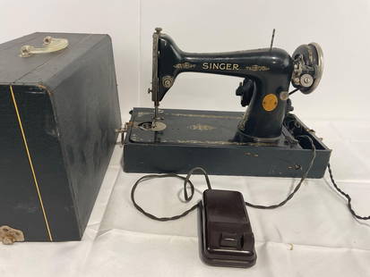 Antique Singer Sewing Machine, Handpainted & Etched Designs, comes in case: SN: AC002480. Appears to be in fair to good shape, seems to power on, but needs some TLC, the cable is coming apart due to the old rubber. The piece measures approx 13.5h x 19w x 9.5d inches. See pics