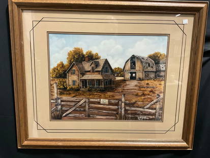 Framed Signed & #d Litho 52/750 (?) Homestead by Johnye D. Cruse 1985 26h x 32w inches: Signed and numbered in the lower right corner, seems to say something like 52/750. Appears to be in good shape. The outside dimensions measure approx 26h x 32w x 1.5d inches. See pics. E-414