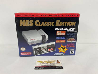 NES Nintendo Entertainment System Classic Edition New in box, Games & Controllers included: Appears to be in like new condition, the box has some shelf wear, but still in the original packaging. The box measures approx 7h x 9.5w x 3.5d inches. See pics. E-414
