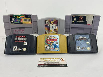 Vintage Nintendo Games, 4 N64 & 2 SNES, Wrestling ECW & WD, Mortal Kombat 3, Pokemon Stadium 2: also NFL Quarterback Club 99 &amp; Mr. Do Arcade Classic. Appears to be in good shape, all untested. Sold as is. Some wear can be seen on the labels. The six games measures approx 5h x 6w x 4d inches.