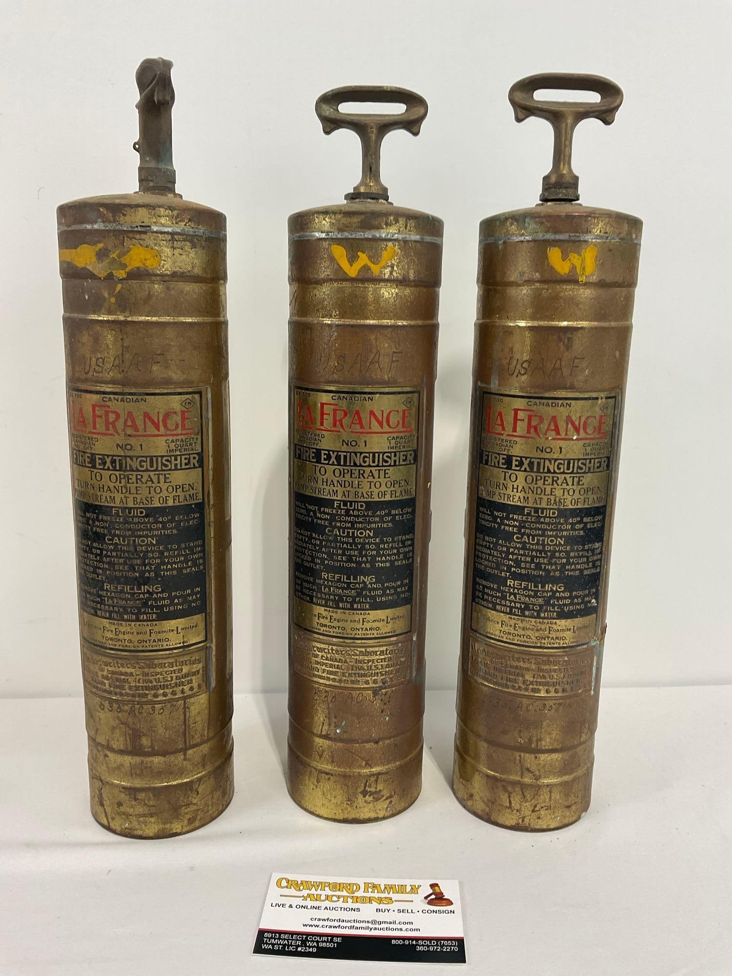 Trio of Antique LaFrance No1 Fire Extinguishers, Brass & Copper, Canadian made, 16 inches long (1 of 6)
