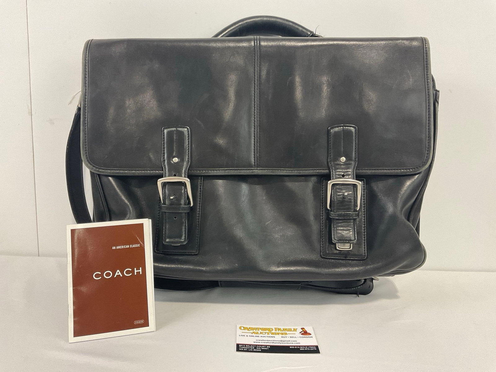Black Leather Coach Thompson Laptop Messenger Bag, w/ booklet 13h x 17w inches (1 of 9)