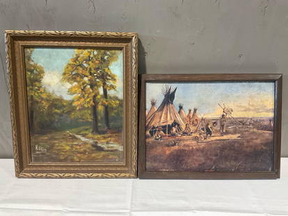 Framed Native American Scene & Oil on Canvas, Signed by artist, 15h x 13w inches: The signed piece seems to say Nohking or something similar. Appears to be in good shape. Together measures approx 15.5h x 13w x 3.5d&nbsp;inches. See pics. E-4190