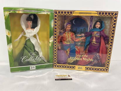 Pair of Barbies in original packaging, Calla Lily & Arabian Nights, Sultan & Scheherazade: Appears to be in good shape. The packaging shows a bit of wear, especially the edges of the cardboard. The boxes together measures approx 14.5h x 13.5w x 6.5d inches. See pics. E-414
