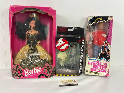 Action Figures in packaging, Moonlight Magic Barbie, 1990 NKOTB Joe Figure, Ray Stantz Ghostbusters: Appears to be in good shape. The packaging shows wear. The boxes together measures approx 14h x 9.5w x 8d inches. See pics. E-414