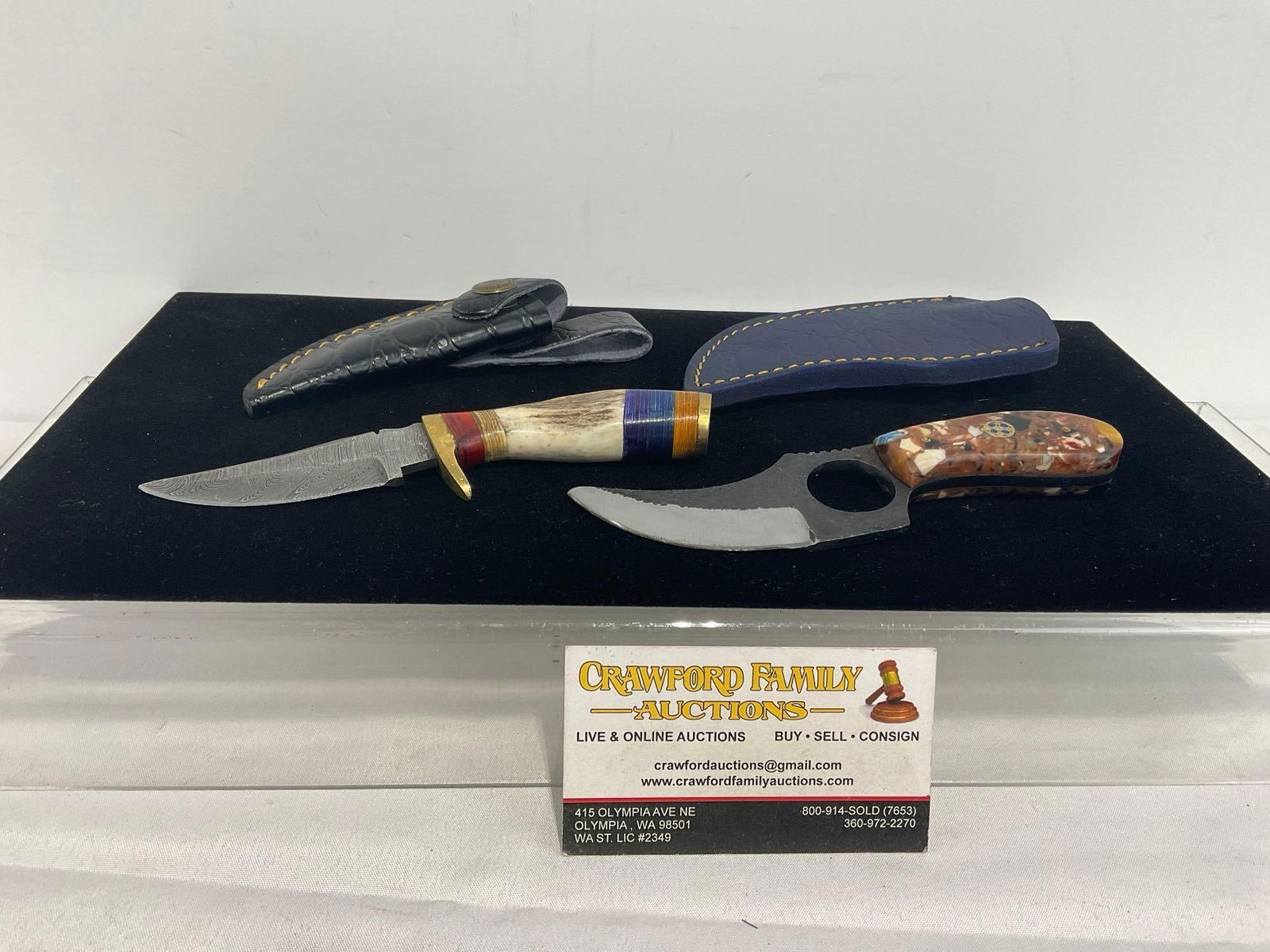 2 Fixed Blade Knives, w/ Cast & Damascus style Blades, Resin & Antler/Tinted Wood Handles (1 of 3)