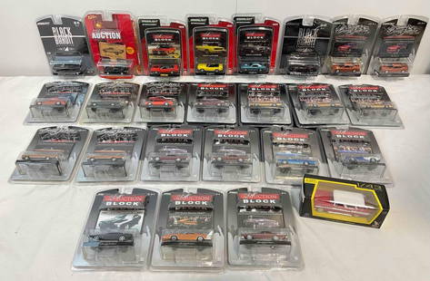 25 NIB Die Cast Model Cars, 23x 1:64 Scale from Greenlight, Auction Block & Black Bandit.: 25 NIB Die Cast Model Cars, 23x 1:64&nbsp;Scale from Greenlight, Auction Block &amp; Black Bandit.&nbsp; 1x from Johnny Lightning, 1x 1/43 Lucky Die Cast NIB 1957 Chevrolet Nomad. All NIB, condition i