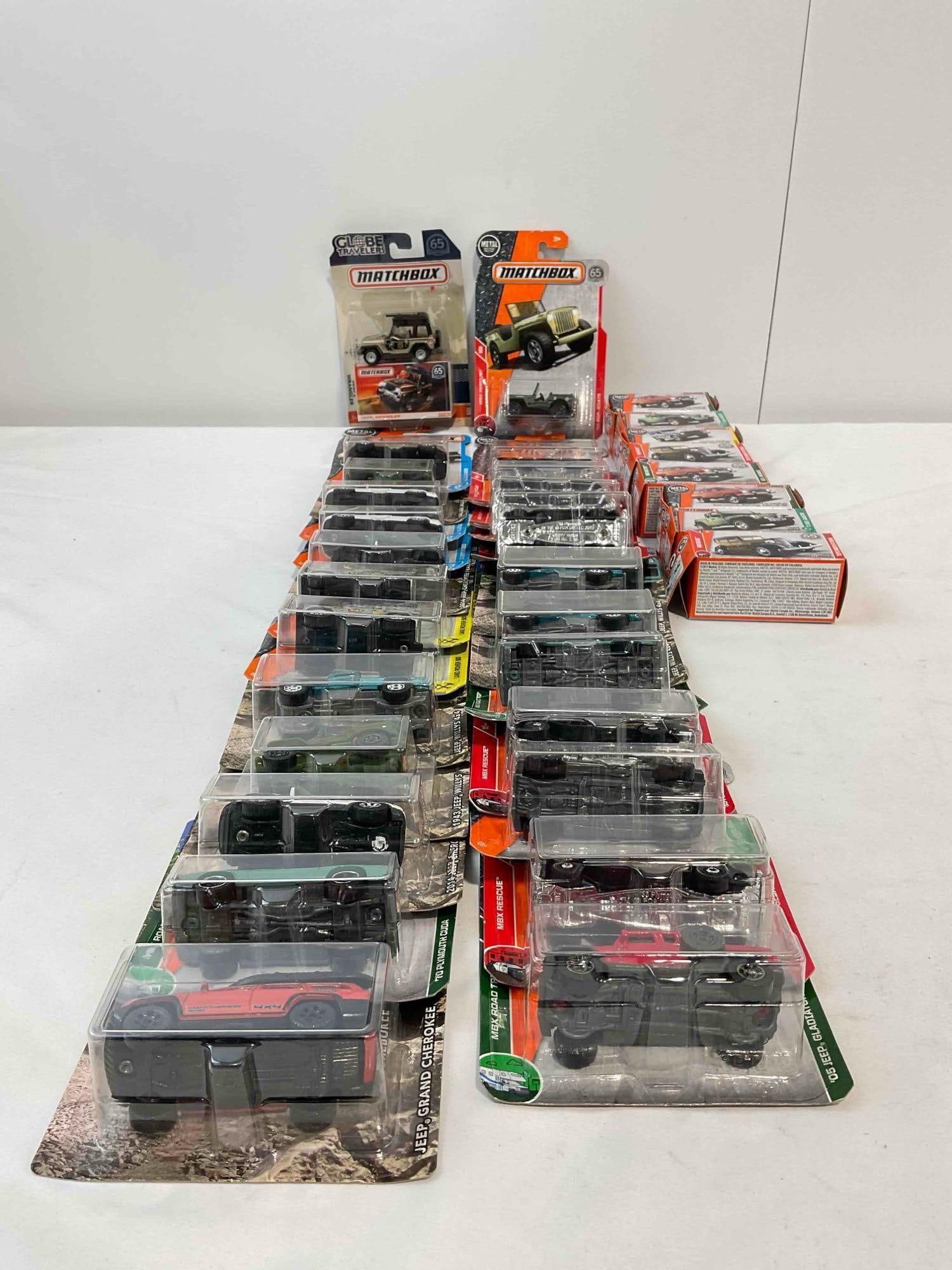 33 pcs NIB Matchbox Model Cars Assortment. Jeeps & More! Very Good Condition. See pics.: 33 pcs NIB Matchbox Model Cars Assortment. Jeeps & More! Very Good Condition. Some boxes look opened, contents look undisturbed, condition is otherwise very good. Fits box measuring 12" x 12" x 8"