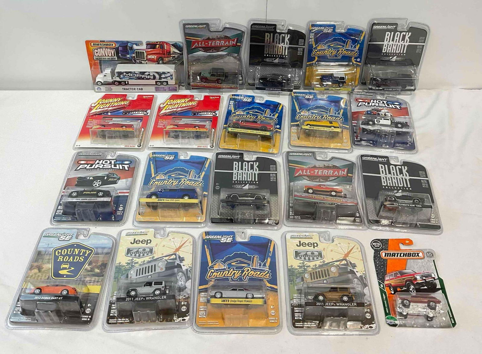 20 pcs NIB Model Car Collection. Matchbox, Johnny Lightning, Black Bandit & More! See pics.: 20 pcs NIB Model Car Collection. Matchbox, Johnny Lightning, Black Bandit & More! Very Good Condition. Measures 4" x 2" x 6" DM-4050