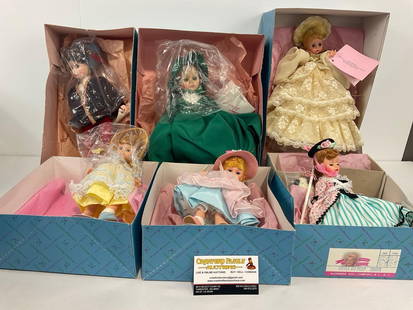 6 Madame Alexander Dolls in original Box, incl. MADC 1989 & 1990, 1360, 1385, 201171 & 540852: MADC 1989 Club Doll Wendy, MADC 1990 Club Doll, Romeo 1360, Scarlett 1385, Little Bo Peep 201171 &amp; Angel Tree Top-Lace 540852. Appears to be in good shape. The dolls are in the original packaging.