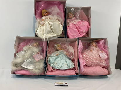 5 Madame Alexander Dolls in original Box, incl. 1136, 1137, 1138, 1141, 1142: Bride 1136, Cinderella 1137, Snow Queen 1138, Sleeping Beauty 1141, American Beauty 1142. Appears to be in good shape. The dolls are in the original packaging. The boxes together measure approx 18h x