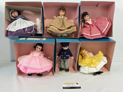 6 Madame Alexander Dolls in original Box, incl. 407, 408, 409, 411, 412, 416, Little Women Set: 407 Jo, Meg 408, Marme 409, Amy 411, Beth 412, Laurie Little Men 416. Appears to be in good shape, one of the dolls need new elastic, as the pieces have all come apart. The dolls are in the original p