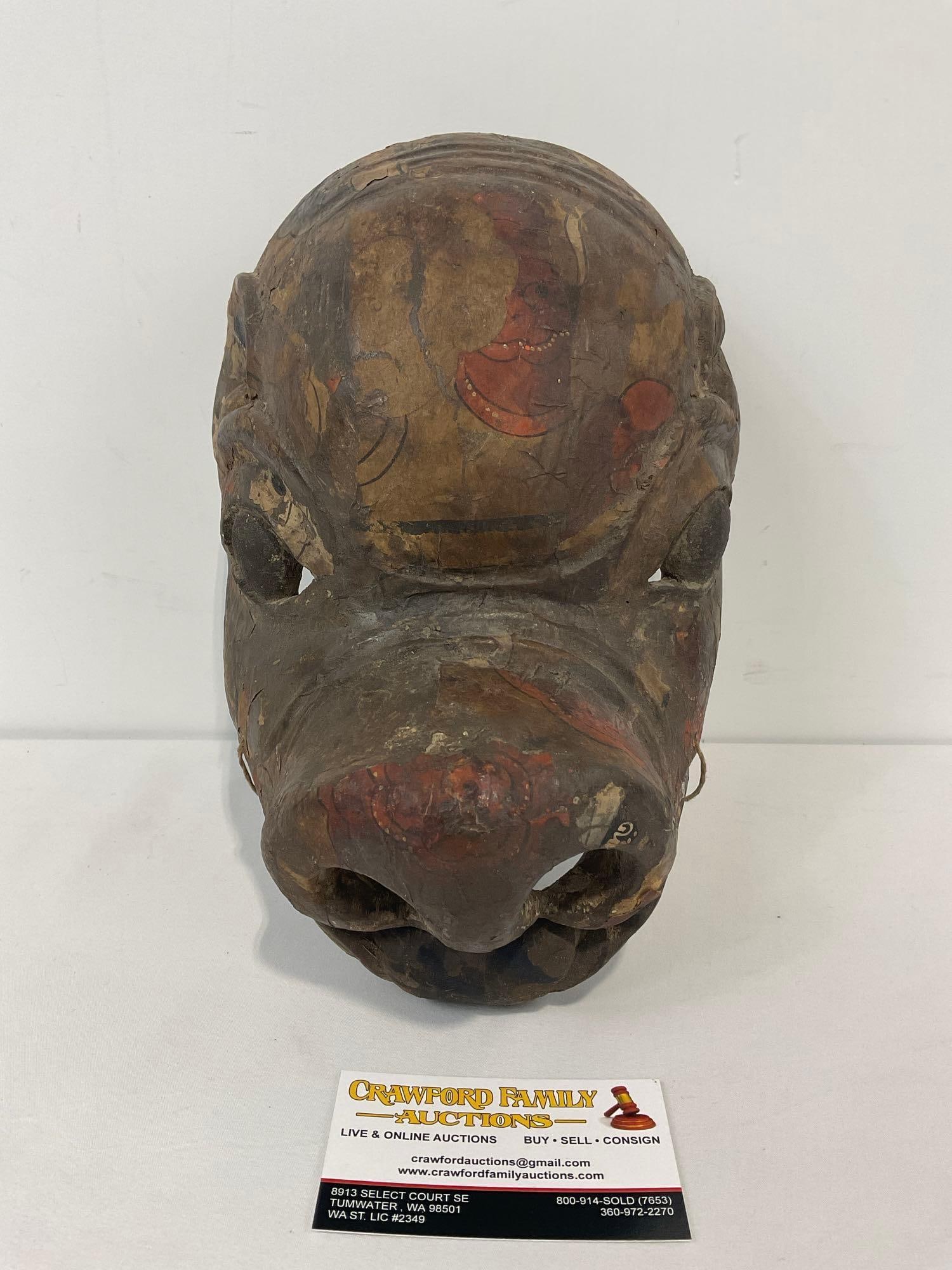 Antique Chinese Theater Mask, Pig or Demon style, Carved Wood w/ Painted Paper on top, shows wear (1 of 4)