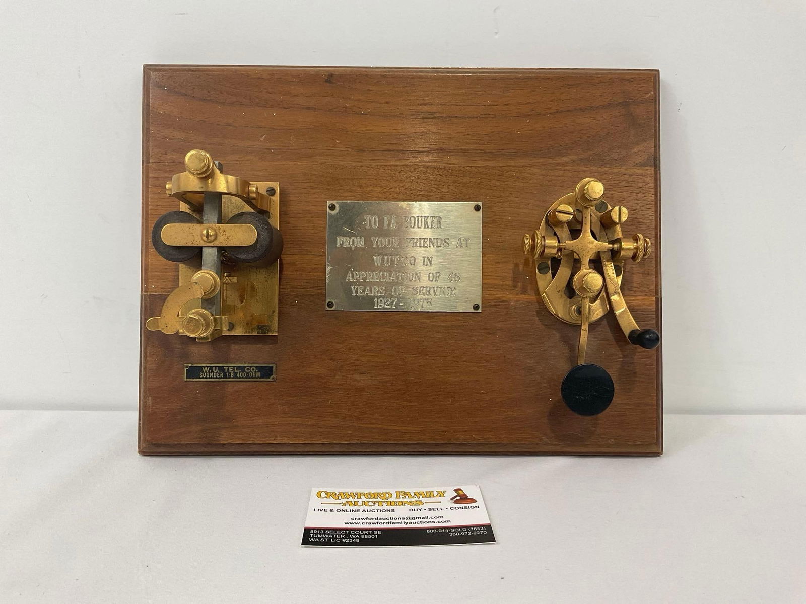 W. U. Tel. Co Telegraph Sounder & Morse Telegraph Key on Wooden Plaque, 9 x 12 inches (1 of 8)