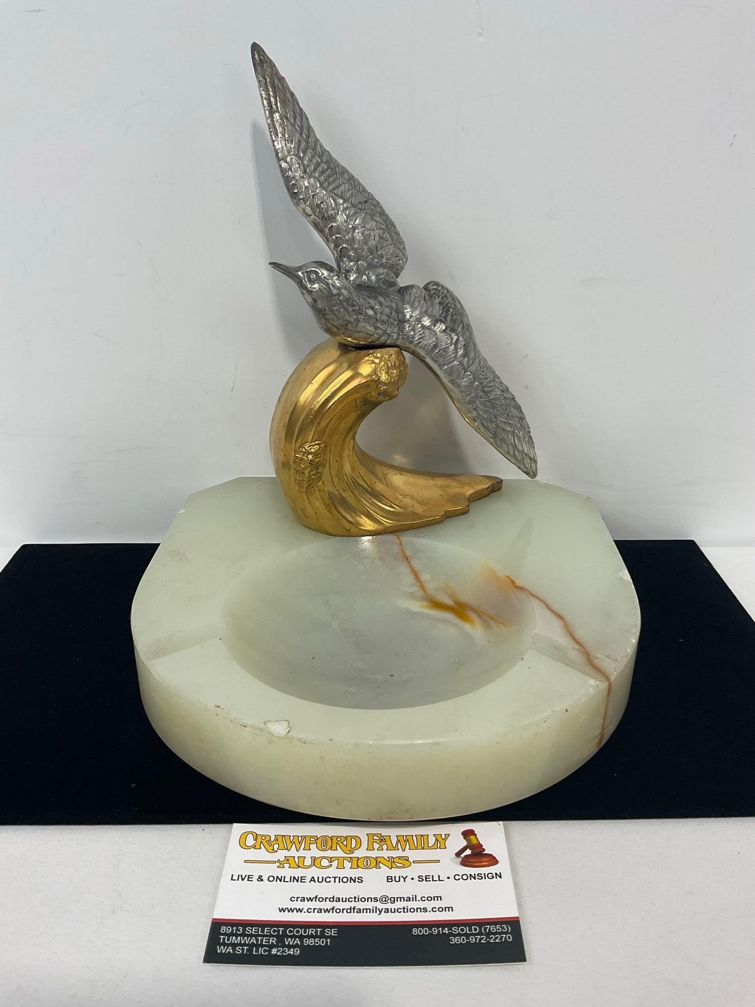 Ornate Ashtray, w/Green Marble Base, Cast Metal Bird on Brass Stand, approx 10h x 8.5w x 8.5d inc... (1 of 4)