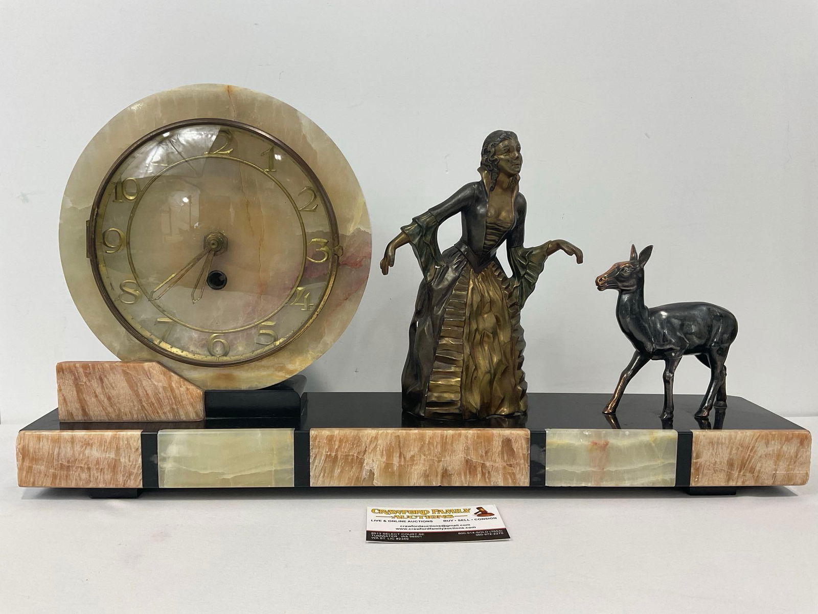 Antique 1920s Red Marble, Green & Black Onyx Mantel Clock, Brass Face, approx 12h x 22w x 5d inches (1 of 9)