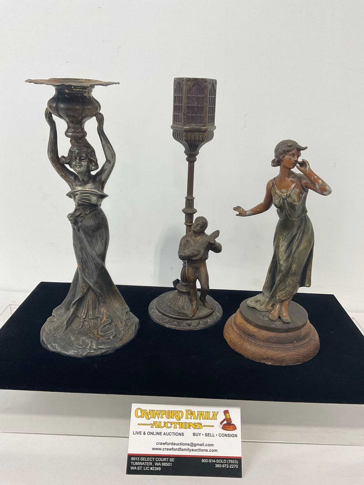 Antique Silver Plated Candlestick, French Minstrel Lamp Shaped Incense &Painted Cast Aluminum Sta... (1 of 8)