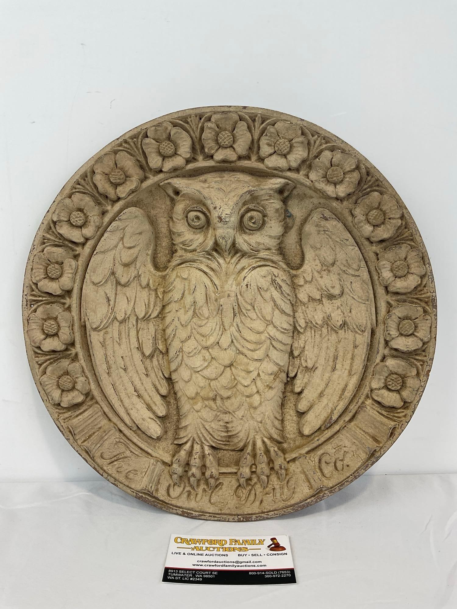 Rare Antique The Owl Drug Resin Wall Hanging Sign, 13.5 inches in diameter (1 of 4)
