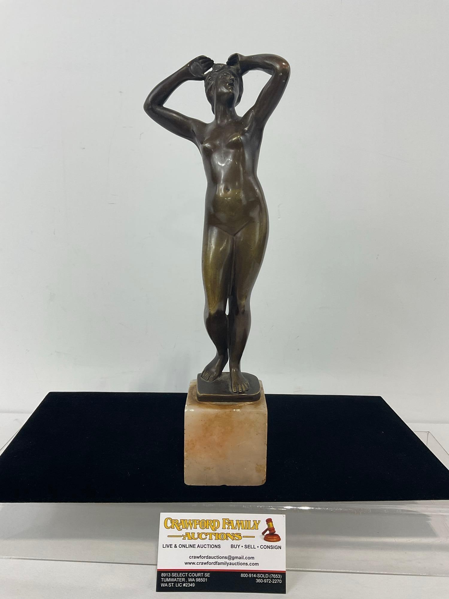Signed Cartinet Bronze Statue on Rose Quartz Base,: Appears to be in good shape. The piece measures approx inches. See pics. E-4280