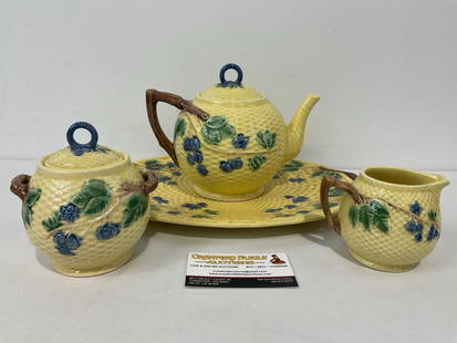 Tiffany & Co Tea Set, Tea Pot, Tray, Sugar & Creamer Blackberries pattern, in original box: Made in Portugal, all pieces marked on the bottom. Appears to be in good shape. The original box measures approx 9.5h x 12.5w x 13d inches. See pics. E-4280