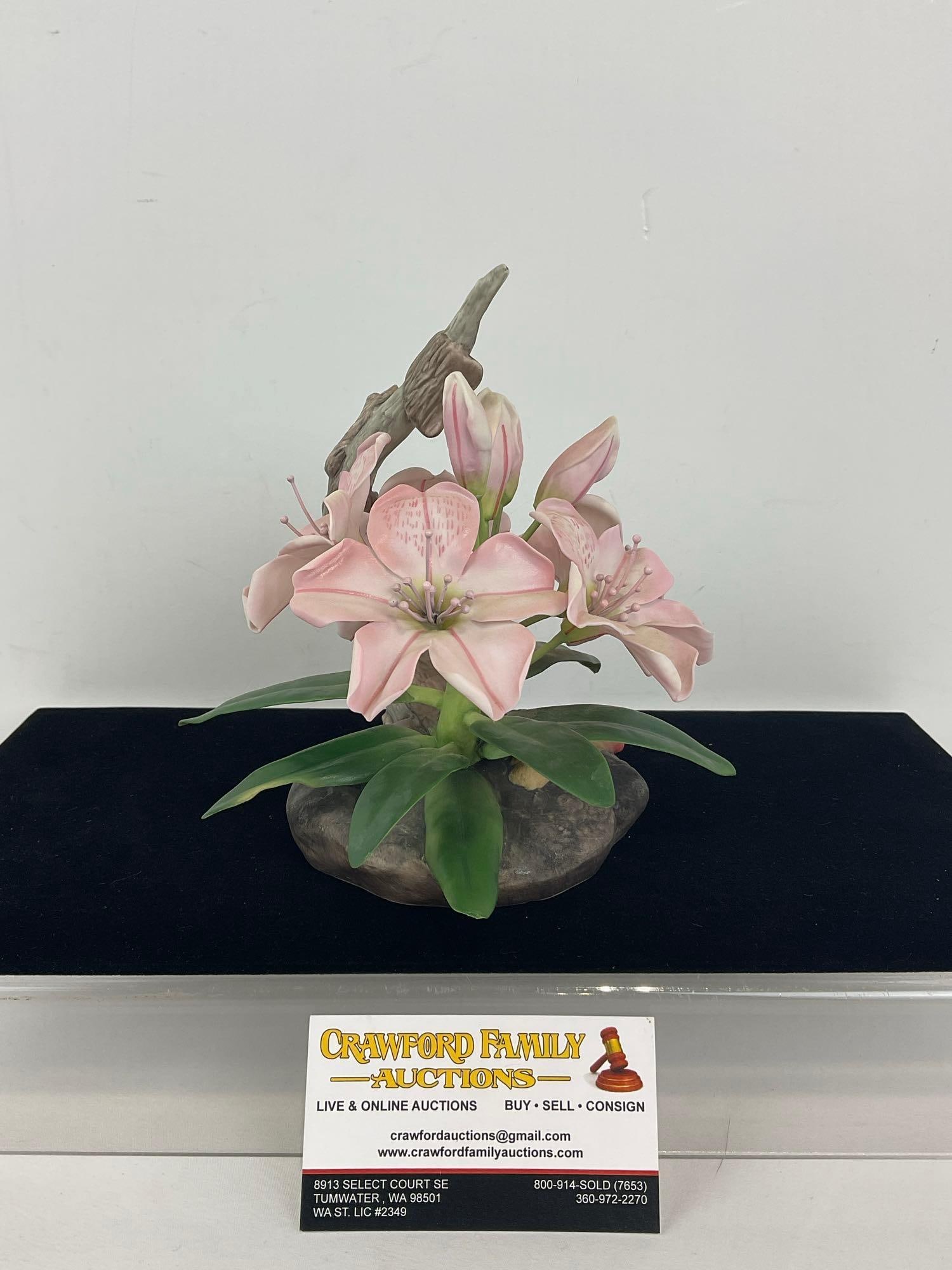 Boehm Porcelain Lily Flower Figure, very fragile, no shipping, 7 inches tall: *No Shipping, very fragile* Marked on the bottom is Boehm Edward Marshall Boehm Made in USA 105, Limited Number 123. Appears to be in good shape. The piece measures approx 7h x 6.5w x 7d inches. See p