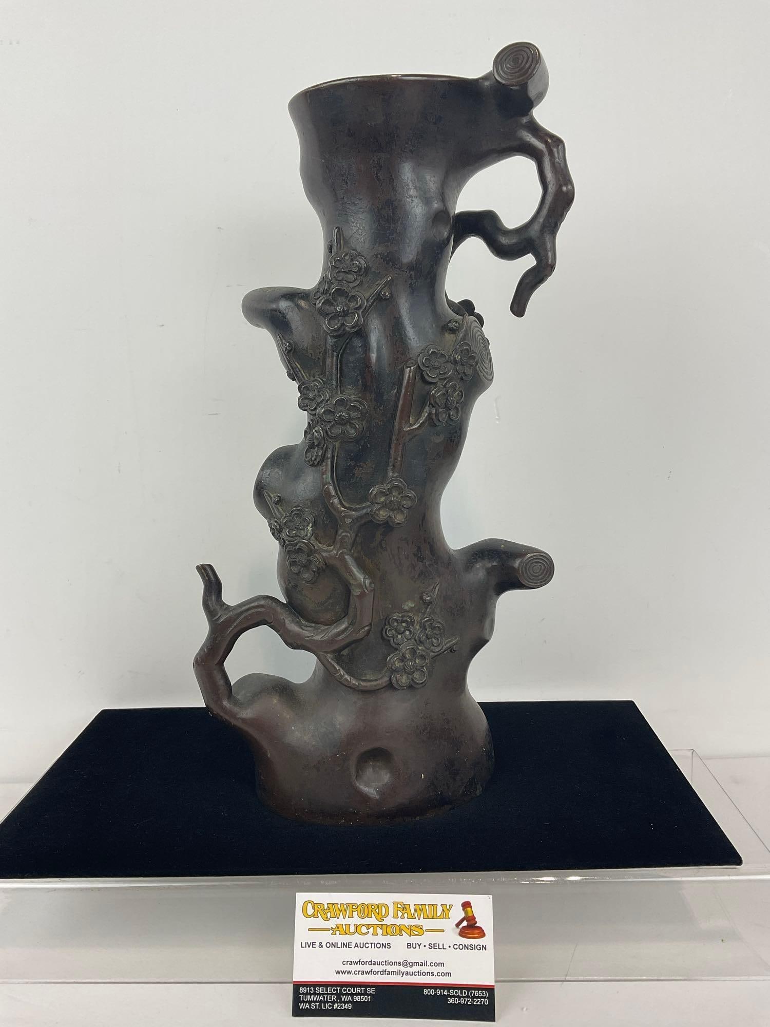 Antique Chinese Bronze Vase, Hu Ritual Vessel, Plum Tree Design, 15 inches tall (1 of 6)