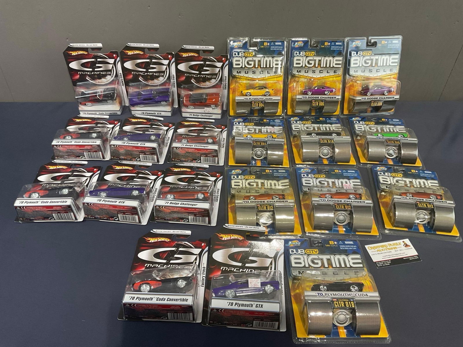 11 Hot Wheels G Machines & 10 DubCity Bigtime Muscle, Mopar Diecast cars, Plymouth, Dodge & Chrys...: All from the same consignors collection, some may have some dust from storage. Appears to be in fair to good shape. The piece fit in a box that measures approx 8h x 19w x 13d inches.See pics. E-4050