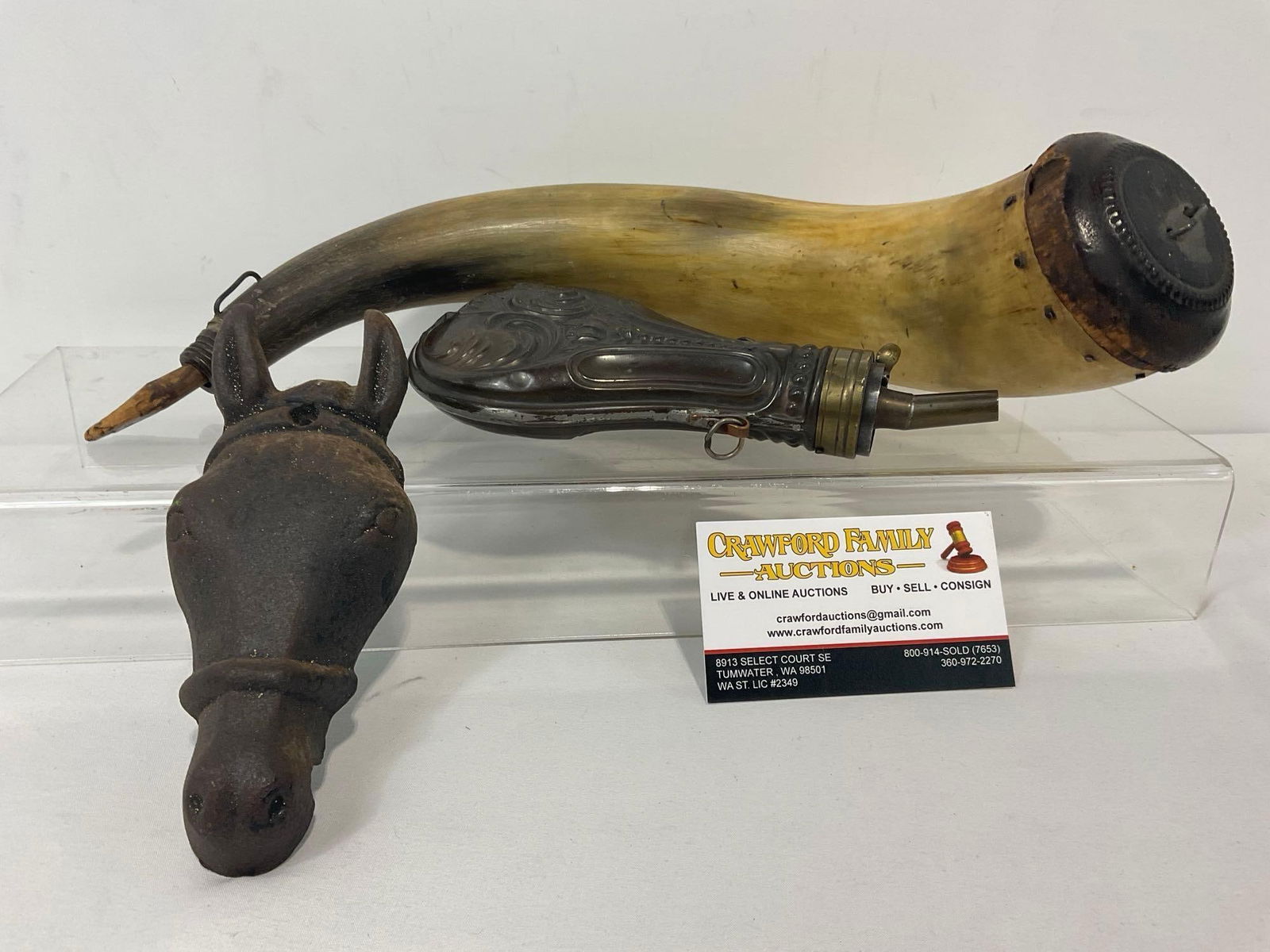 Antique Brass & Copper Powder Flask, Powder Horn approx 12 inches long, Cast Iron Horse Ornament: Appears to be in good shape, shows some wear. The pieces fit in a box that measures approx 7h x 9w x 12d inches. See pics. E-4190