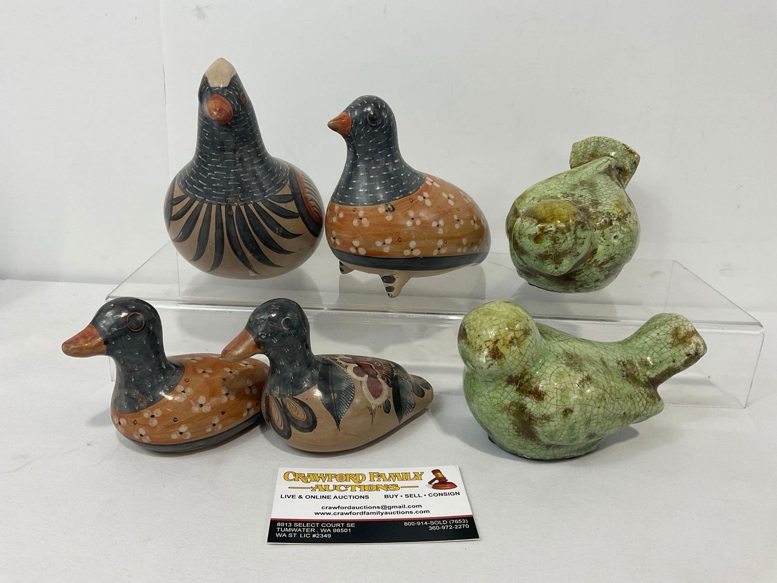 4x Solis signed Mexican Tonala Pottery Birds, & Pair of Green Crazed Pottery Birds (1 of 5)