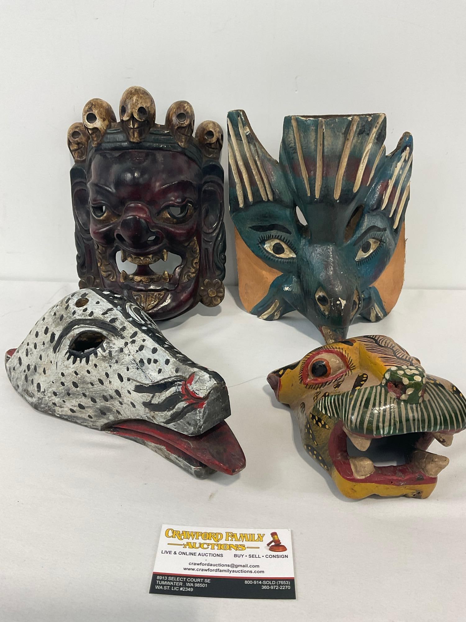 4 Wooden Handcarved Masks, Nepalese Mahakala, 3 Mexican Guerrero Masks, Hippo, Deer & Unknown Bird (1 of 4)