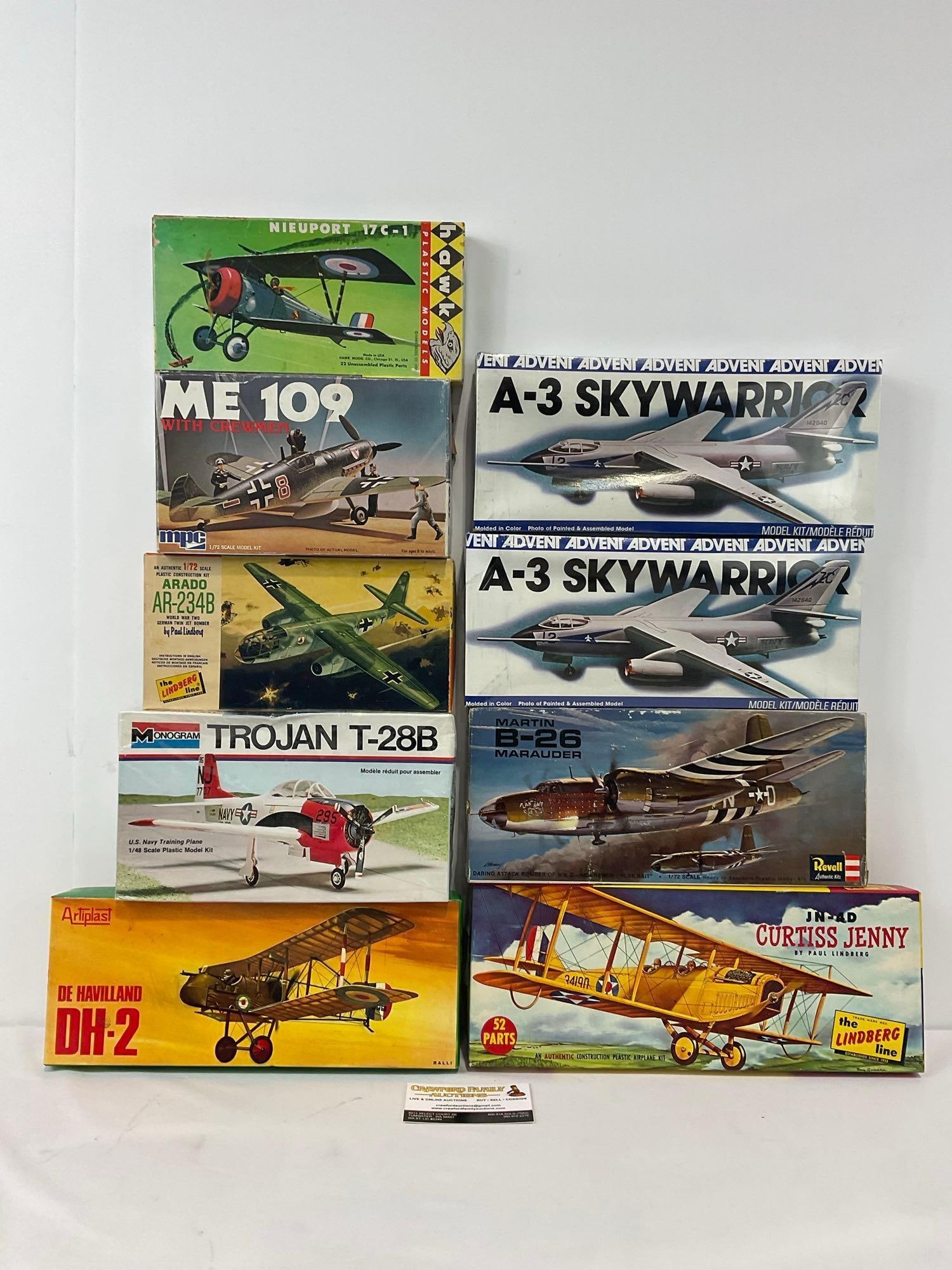 9 Airplane Model Kits, by MPC, Monogram, Artiplast, Revell, Lindberg, Hawk, A-3 Skywarrior, DH-2 ... (1 of 8)