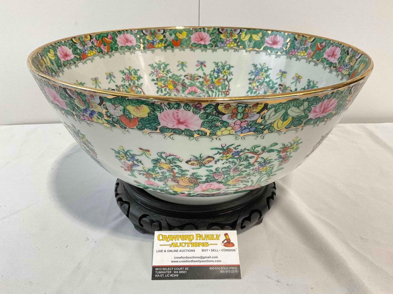Vintage Large Painted Chinese Ceramic Bowl w/ Wooden Stand. Excellent Condition. 14" x 14" x 6" (1 of 5)