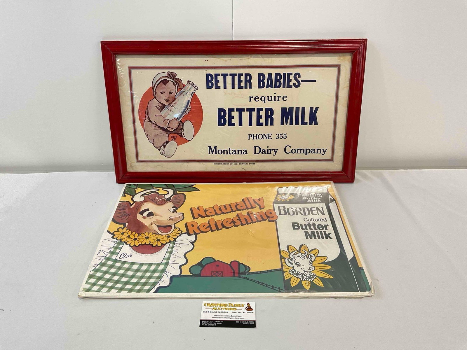 Vintage Paper Milk Advertisements, 1x Framed MT Dairy Company, 1x Loose Borden Buttermilk.: Vintage Paper Milk Advertisements, 1x Framed MT Dairy Company, 1x Loose Borden Buttermilk. Framed piece is in wooden frame. Framed piece has minor wear, condition is otherwise very good. Measures 23" 