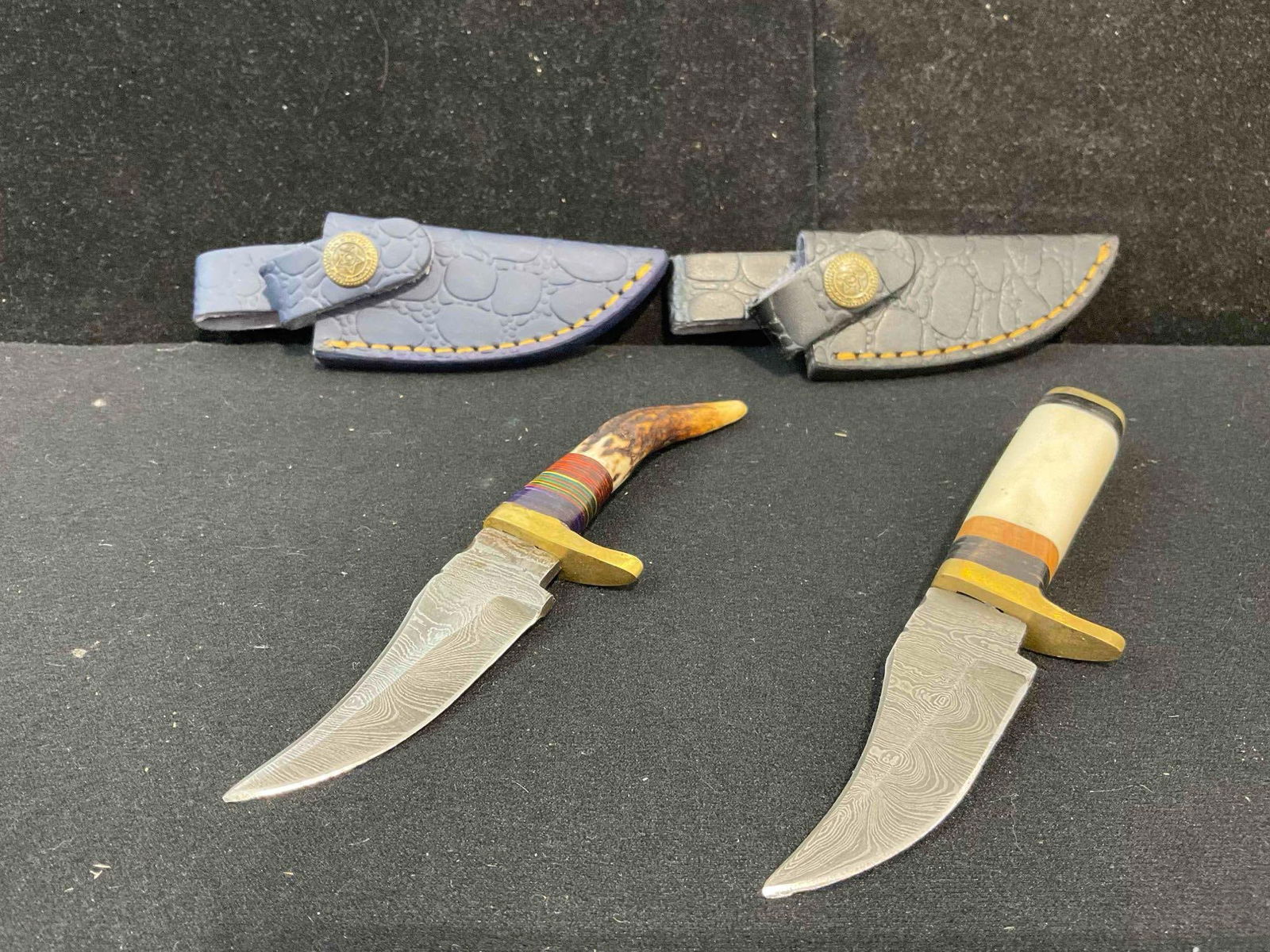 2 pcs Handmade Damascus Steel 2.5" Hunting Knives w/ Leather Sheathes, Antler/Resin Handle. (1 of 15)