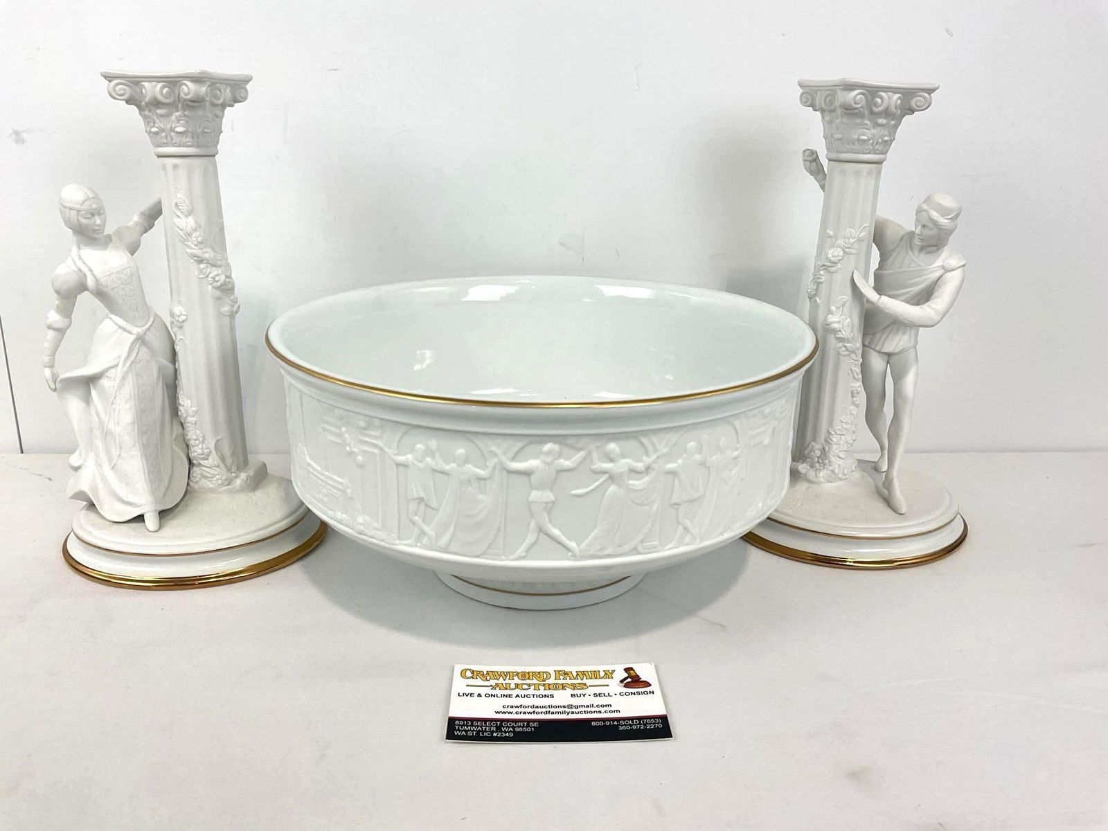 Romeo & Juliet Bowl & 2 Figural Candlestick Holders by The Franklin Mint, Gilt & Bisque Porcelain: Appears to be in good shape. The piece measures approx 9h x 10.5w x 10.5d inches. See pics. E-4310