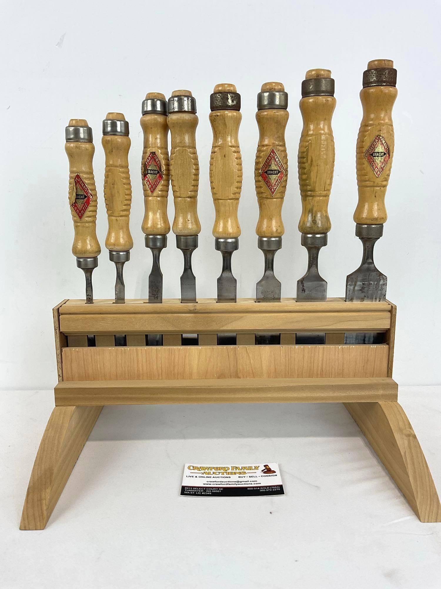 Vintage Bracht Set of 8 Chisels, Wolfram-Vanadium Alloy, 40mm to 6mm Set w/ stand: Still says Wolfram on top, which means Tungsten. Appears to be in good shape. The piece measures approx 15.5h x 13.5w x 11.5d inches. See pics. E-4310
