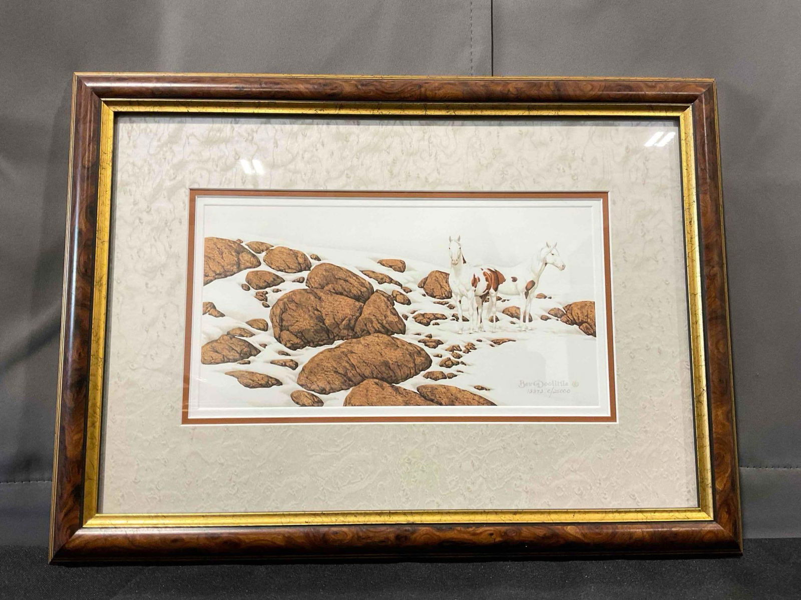 Framed Bev Doolittle Lithograph "Hide & Seek Suite" #'d 13372E/25000. Excellent Condition.: Framed Bev Doolittle Lithograph "Hide & Seek Suite" #'d 13372E/25000. Excellent Condition. In wooden frame w/ custom matting & glass pane. Measures 17.5" x 13" DM-4230