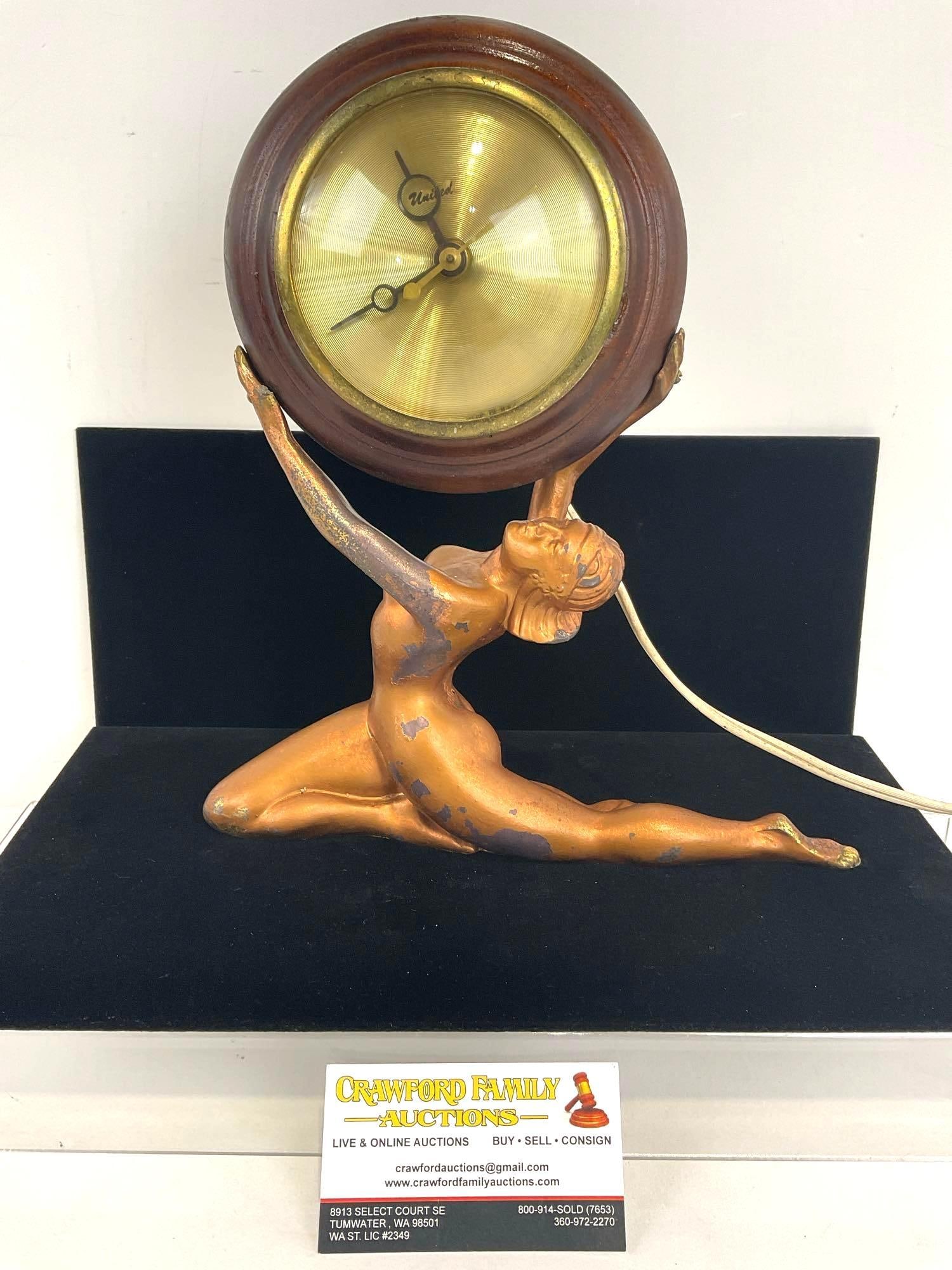 Art Deco United Figural Electric Clock nude Woman Figure, Cast Metal, painted copper: Appears to be in fair to good shape, needs some servicing, the finish is coming off of the main piece. The piece measures approx 11h x 10w x 4d inches. See pics. E-4280