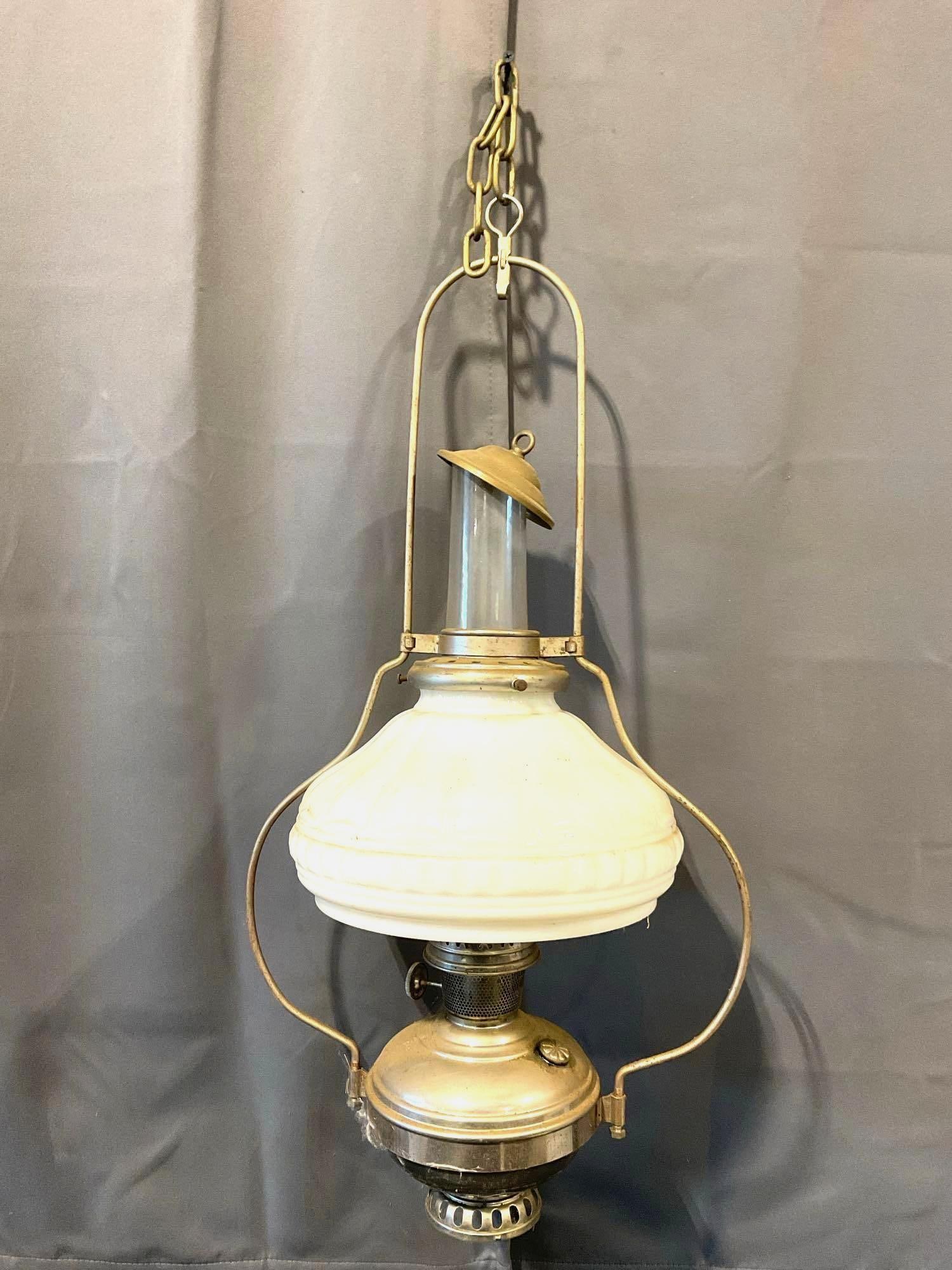Antique 1910s Aladdin Model No. 6 Lamp, Nickel Kerosene Hanging Lamp, no. 215 Milk Glass Shade (1 of 6)