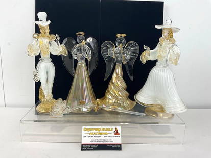 Pair of Murano Venetian Dancer Figurines & pair of Hallmark Silent Night Angels & Glass Rose: Appears to be in good shape. The pieces fits in a box that measures approx 8h x 9w x 12d inches. See pics. E-4310