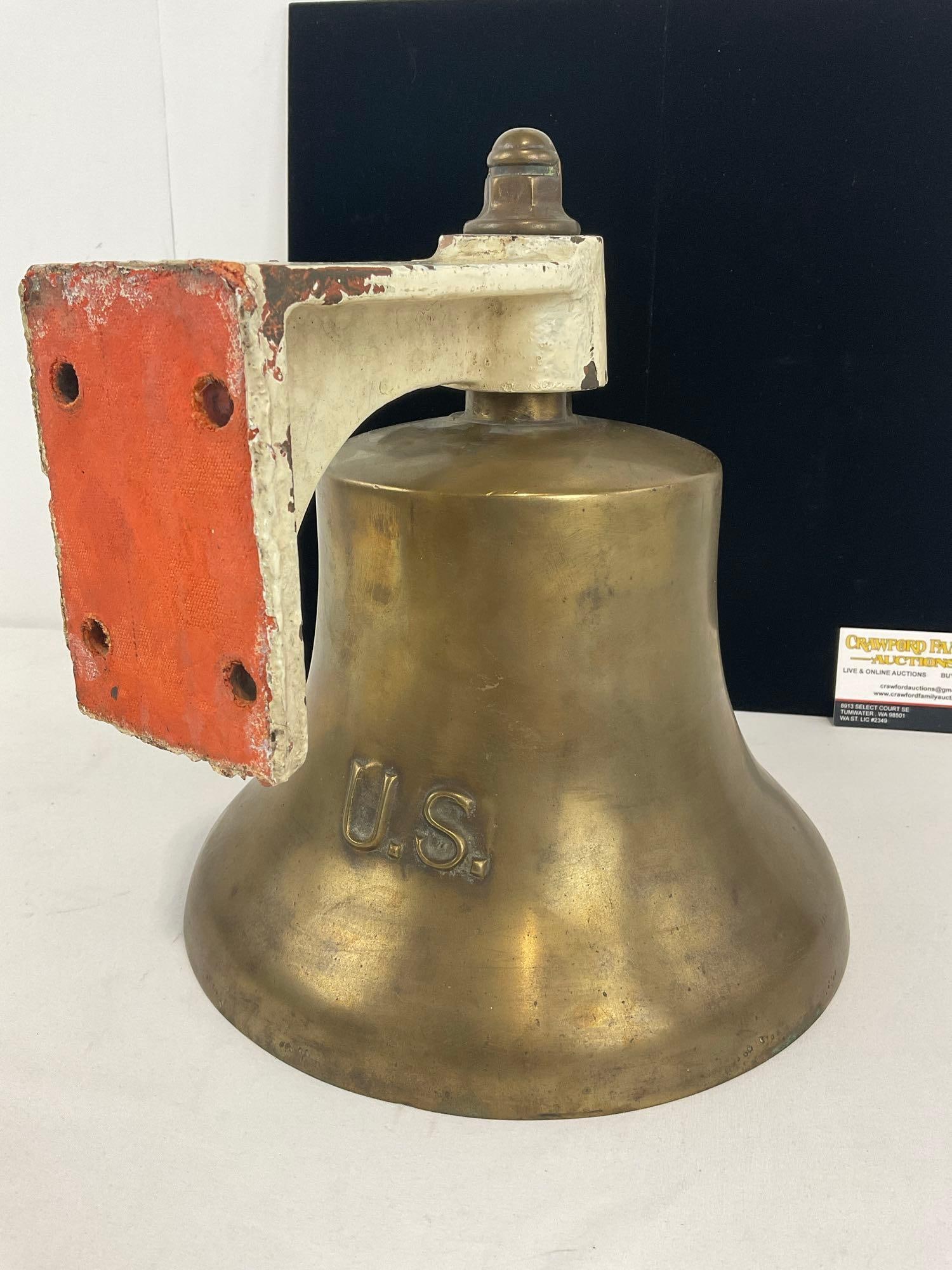 Mounted Bronze Bell marked U.S. White painted Cast Metal Bracket, 10 inch bell (1 of 7)