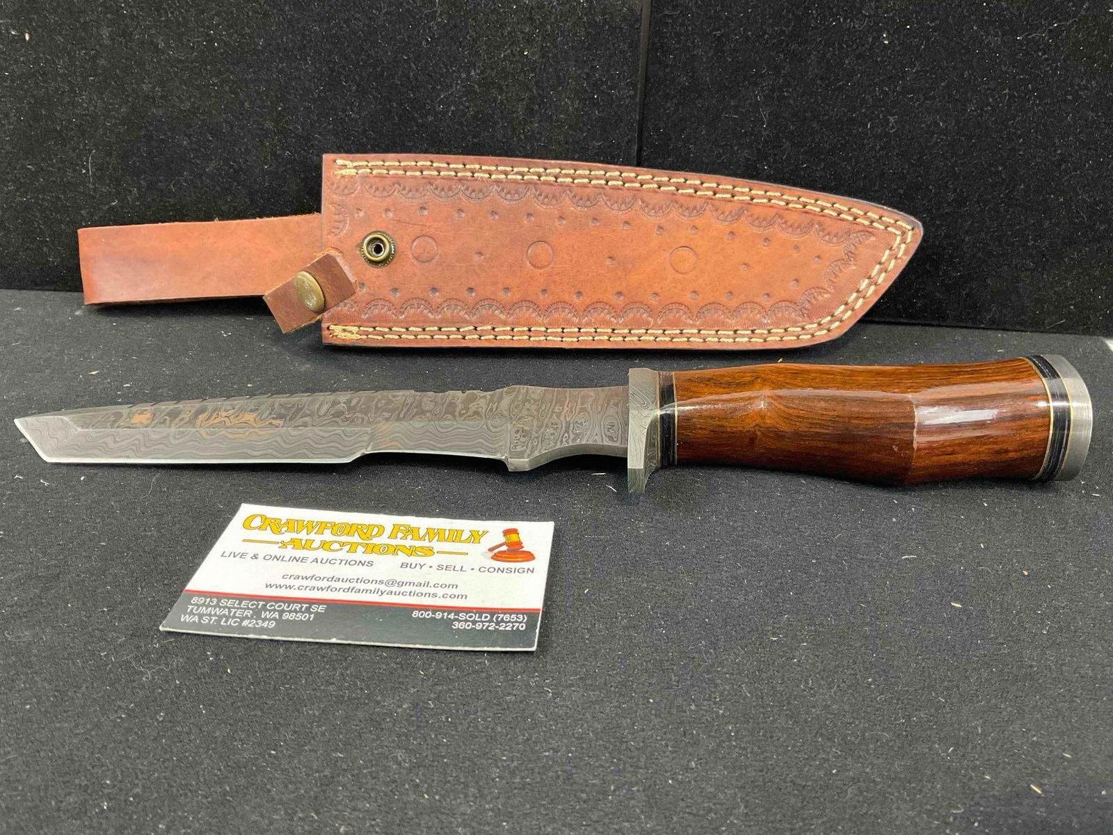 Damascus Steel Fixed Blade 8" Hunting Knife w/ Wooden Handle & Leather Sheath. See pics. (1 of 9)