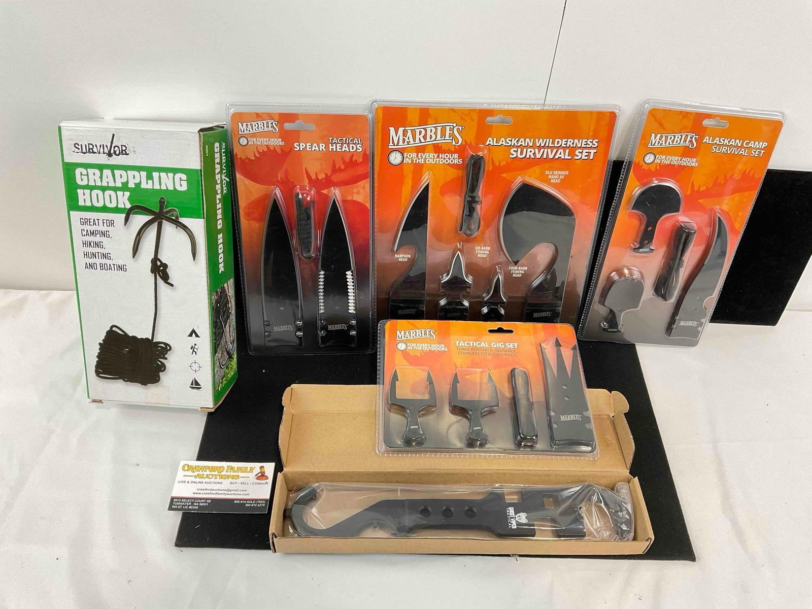 6 pcs NIP Outdoor/Survival Gear Assortment. 4x Marbles Survival Sets. Excellent Condition. See pi...: 6 pcs NIP Outdoor/Survival Gear Assortment. 4x Marbles Survival Sets. Excellent Condition. Survivor Grappling Hook, Marble's Camp/Tactical Tool Sets. 1x Ghost Viper Tactical Wrench. Box opened for pho