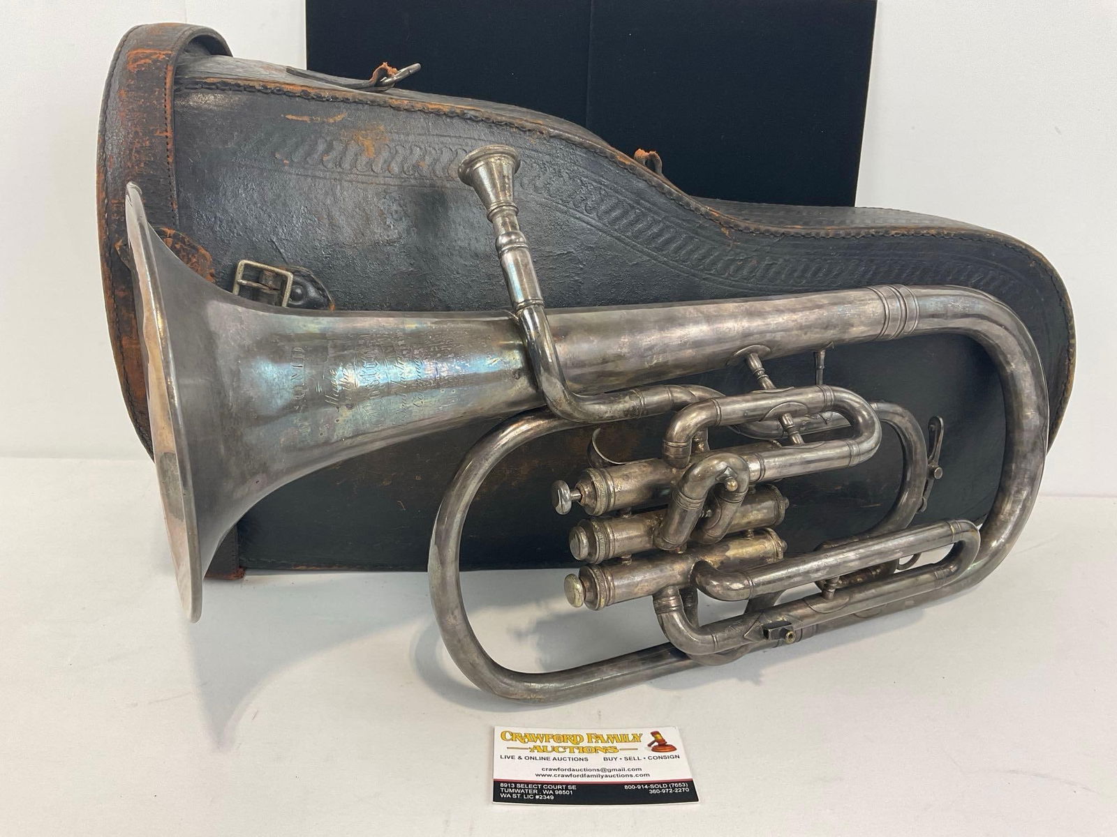 Antique USQMD Boston Musical Instrument Company Baritone Horn, in original leather case (1 of 10)