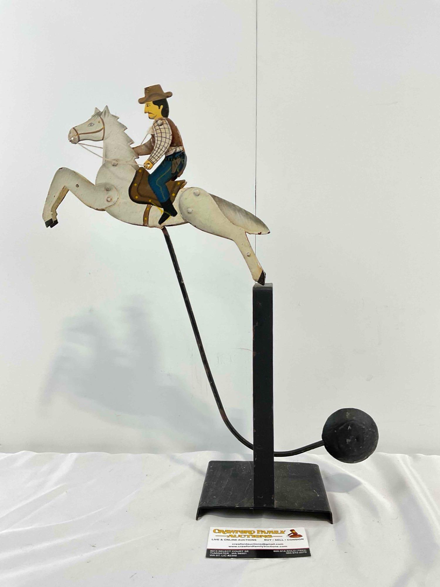 Vintage Charming Cowboy w/ Horse Metal Balancing Toy. Very Good Condition. See pics.: Vintage Charming Cowboy w/ Horse Metal Balancing Toy. Very Good Condition. Missing some paint, condition is otherwise very good. Measures 14" x 4.5" x 18" DM-4380