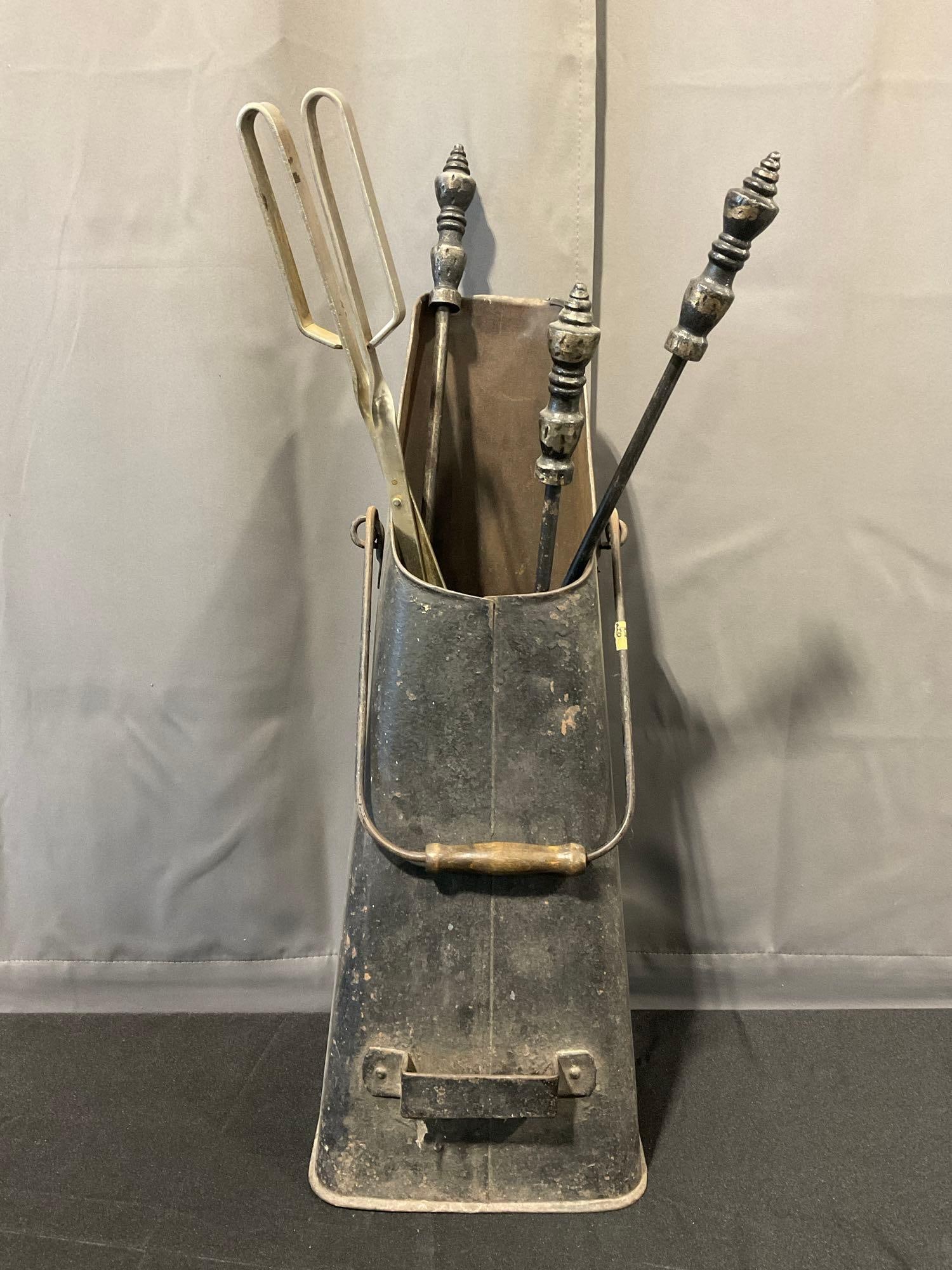 Fire Tongs, Brush, Dustpan & Hook in Vintage Coal Bucket, 27h x 10w x 10d inches (1 of 6)