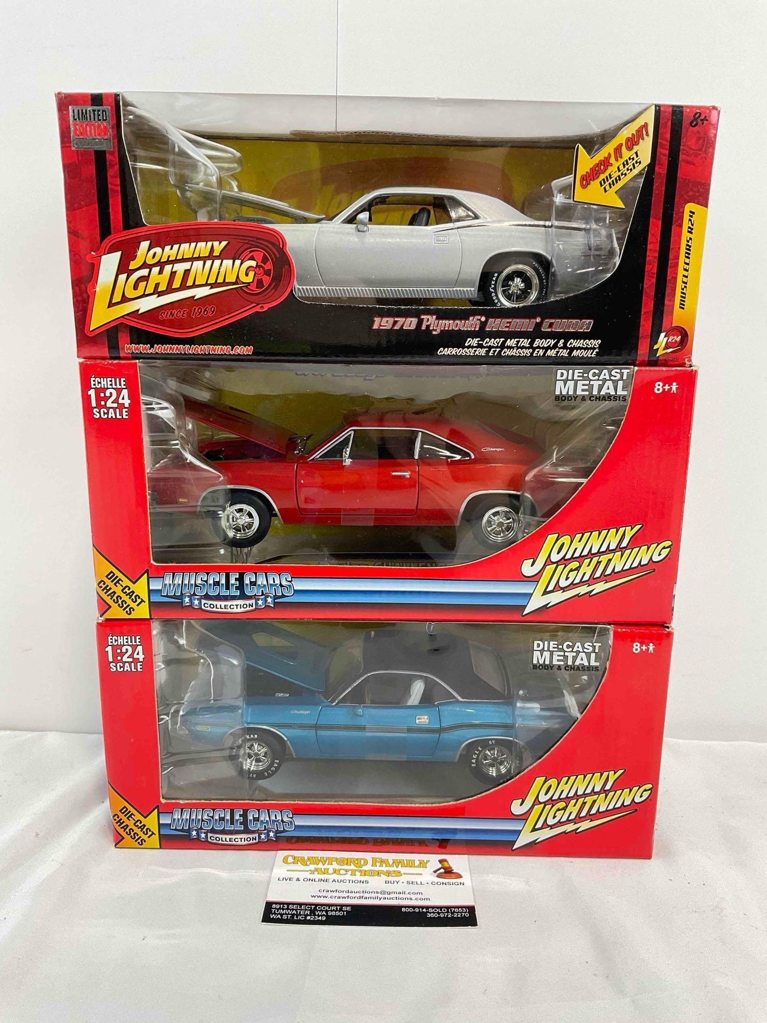 3 pcs NIB Johnny Lightning 1:24 Scale Die Cast Model Cars. Excellent Condition. See pics. (1 of 4)