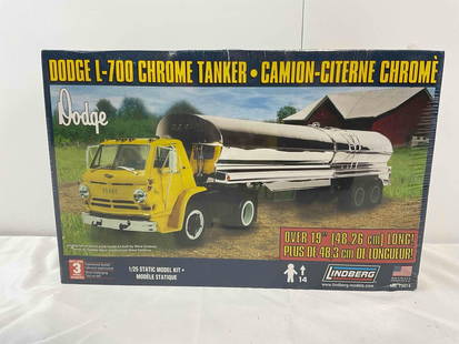 NIB Lindberg Factory Sealed 1:25 Scale Dodge L-700 Chrome Tanker Truck Model Kit. See pics.: NIB Lindberg Factory Sealed 1:25 Scale Dodge L-700 Chrome Tanker Truck Model Kit. Minor shelf wear, condition is otherwise very good. Measures 14" x 9" x 4" DM-4050